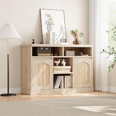 47" Farmhouse Buffet Cabinet with Rattan Doors & Adjustable Shelf, Boho Kitchen Storage Cabinet for Dining Room Living Room, Coffee Bar Console