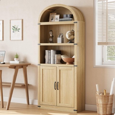 ODK Arched Bookcase with Doors 5 Shelf Bookshelf Tall Bookcase Farmhouse Display Storage Rack Wooden Bookshelves for Home Office, Living Room