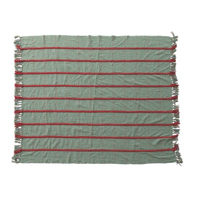 Storied Home Woven Blend Throw with Braided Embroidery, Grid Pattern and Fringe, Green and Red