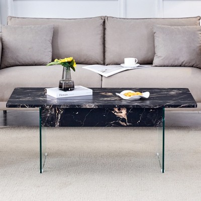 FONTOI Multifunctional Lift Top Coffee Tables with Marble Pattern&Glass Legs&Non-Slip Feet for Living Room Bedroom Office, Black, 23.6"*16.3"*43.4"