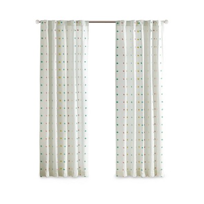 Gracie Mills Caius Cotton Jacquard Pom Pom Curtain Panel - One Size - White/Blue