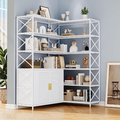 Acekool 6-Tier Corner Bookshelf with Metal Frame & Rattan Door, Large Farmhouse L-Shaped Bookcase for Home & Office – White & Black