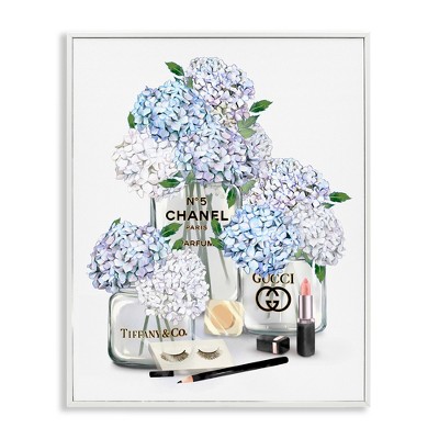 Stupell Industries Glam White Blue Hydrangeas Designer Perfume Bottles Lipstick Illustration, 14" x 11"