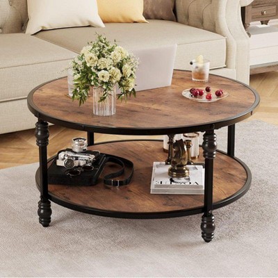 Round Coffee Table for Living Room Rustic Center Table with Storage Shelf Wood Circle Coffee Table with Sturdy Metal Legs