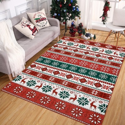 Coucheta Entryway Area Rug, Christmas Rug Indoor Non-Slip Washable Boho Farmhouse Geometric Mat for Front Door, Living Room & Bedroom, Red & Green