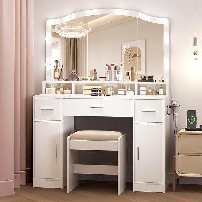 Vanity Desk with LED Lights and 10 Color Modes, Makeup Desk with Power Outlets, USB/Type-C Charging Station, Mirror and Stool.