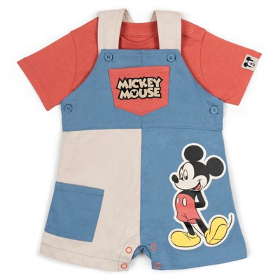 Disney Mickey Mouse Baby Twill Square Neck Short Overalls and and T-Shirt Outfit Set Newborn to Infant