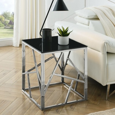 Sapphtopaz Modern End Table with Black Glass Tabletop Night Stand with Geometric Metal Frame Square Side Corner Table for Living Room,Bedroom