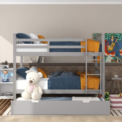 ORRD Full over Full Bunk Bed with Twin Trundle and Ladder, Gray – Space-Saving Bedroom Solution