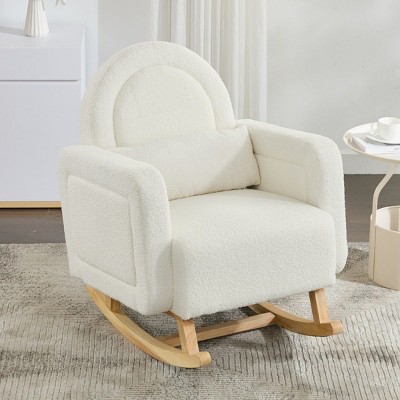 Teddy Rocking Chair with Curved Back and Pillow,Accent Rocking Chair for Living Room or Nursery,Plush Rocking Chair with Wooden Base-Koiai