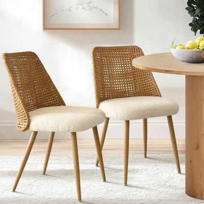 Nice Rattan Dining Chairs,Double Layer Rattan Back,Beige Upholstered Cane Dining Chair,Armless Kitchen Chairs with Bouclé Fabric-Maison Boucle