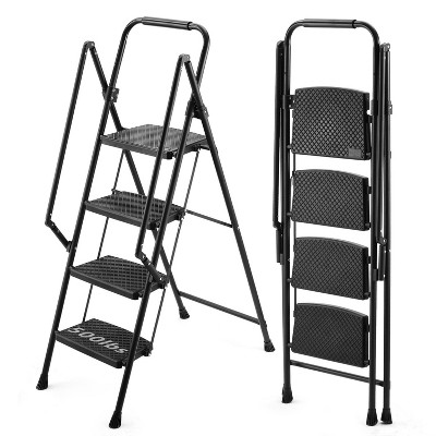 Cesicia Black 4-step Folding Ladder with Wide Anti Slip Pedal and Safety Handle