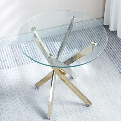 NicBex 23.62"/36" Modern Round Dining Table for 2 Seaters,Kitchen Table with Glass Tabletop and Steel  Legs for Kitchen,Silver/Gold