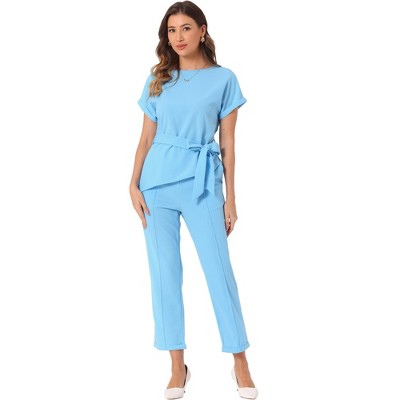 INSPIRE CHIC Women's Round Neck Short Sleeve Belted Asymmetry Tops and Elastic Waist Trousers 2 Piece Sets