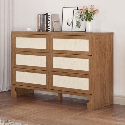 Modern Farmhouse Wood Storage Cabinet with Metal Handles, Drawer Rattan Dresser,Chest of Drawers Closet Organizers for Bedroom,Living Room