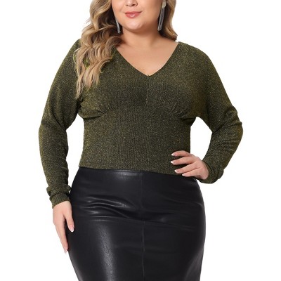 Agnes Orinda Women's Plus Size Metallic V Neck Long Sleeve T-Shirt Glitter Party Blouses