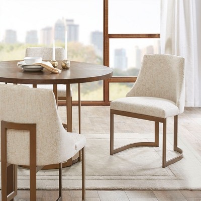 21in Accent Dining Chairs, Antique Gold Metal Frame Back and Sled Leg Contemporary Modern Style for Kitchen Room, White,Set of 2