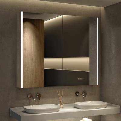 Medicine Cabinet with LED Mirror,Surface or Recessed Mount,Defogger,Memory Function,3-Color Lighting,USB&Outlet,Dimmer,and Storage Shelf