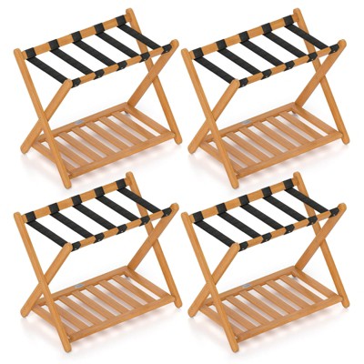 Costway Folding Luggage Racks Set of /4 with Storage Shelf & 5 Nylon Straps Luggage Holder