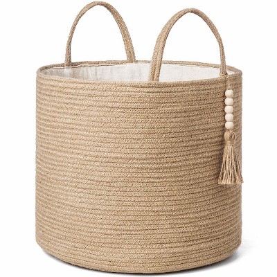 Aoibox Woven Storage Basket Decorative Jute Rope Bin with Wooden Beads Handles for Blankets Toys Plants 16 x 13.8 Inch