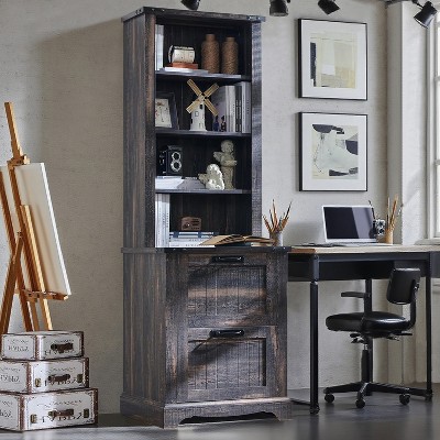 Farmhouse Bookcase with 2 Large File Drawers, 72" Tall Bookcase with Storage,  4 Tier Rustic Wood Bookshelf for Home, Living Room