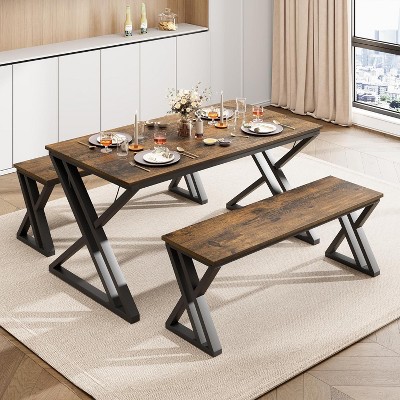 Nasitip 48" Dining Table Set for 4 with 2 Benches - Modern X-Shaped Kitchen Table Set