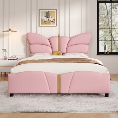 CAVINAS Full/Queen Size Upholstered Bed Frame with Butterfly Shaped Headboard,PU Leather Platform Bed with Gold Metal Decorations for Bedroom
