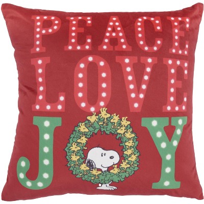 Peanuts Pillows Lt Up Peace Love Joy 18"X18" Red Indoor Throw Pillow