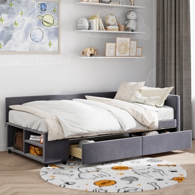 TIRAMISUBEST Twin size L-Shaped Upholstered Platform Bed with 2 Storage Drawers, Velvet Daybed Sofa Bed Frame with Slats Support