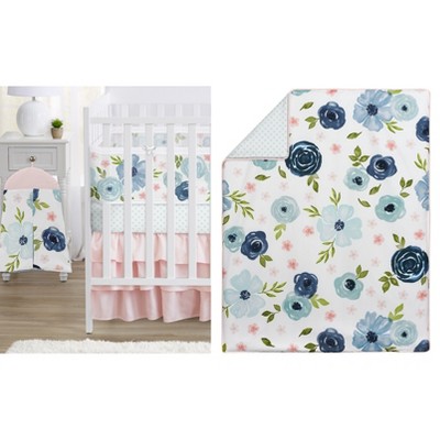 Sweet Jojo Designs Girl Crib Bedding + BreathableBaby Breathable Mesh Liner Baby Nursery Watercolor Floral Blue Pink White