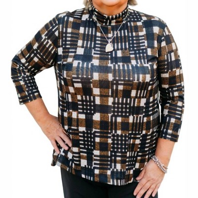 Women's Long Sleeve Drop Shoulder Mock Neck Print Knit Top with Button Side Hem Vents - Multiples