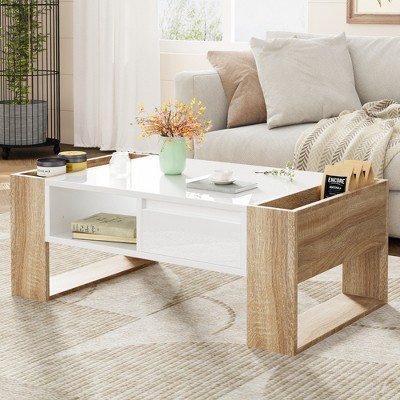 41.3" Particle Board High Gloss Coffee Table with 2 Drawers, Hidden Compartments and Open Storage Shelf for Living Room