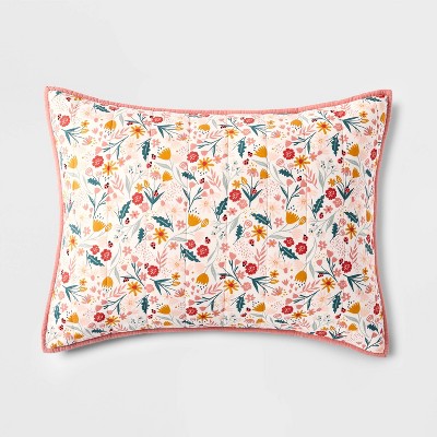Floral Cotton Reversible Kids' Sham - Pillowfort™: Coral Pink Pillowcase, Botanical Pattern, OEKO-TEX Certified