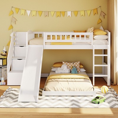 Twin over Twin Bunk Bed with Stairway, 2 Drawers, Slide & Ladder - ModernLuxe