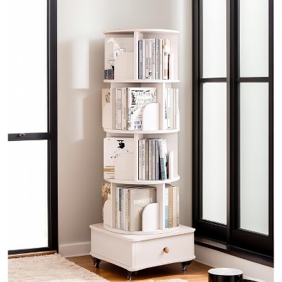 MAYEERTY 360 Display 5 Tier Corner Bookshelf with Drawer for Small Space Floor Standing Bookcase Storage Rack for Living Room Walnut