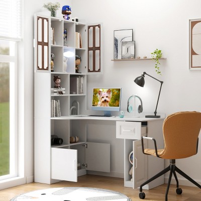 L Shaped Computer Desk with Hutch and Cabinets featuring Melamine Surface for Home Office Corner Workspace 55in -3irtyhousy