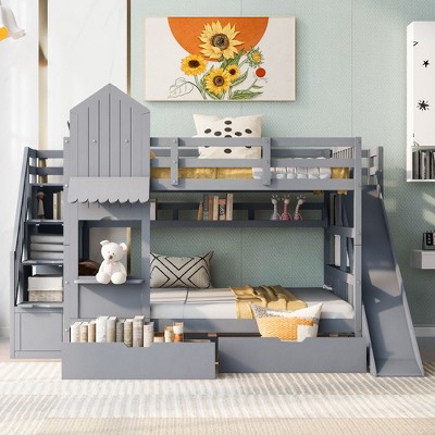NicBex Full Over Full/Twin over Twin Bunk Bed with 2 Drawers 3 Shelves,Castle Style Loft Bed with Slide for Bedroom,Pink/White/Gray/Blue