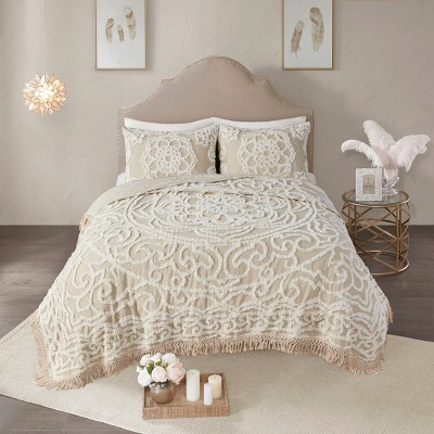 Tufted Cotton Chenille Medallion Fringe Coverlet Mini Set Taupe King/Cal King