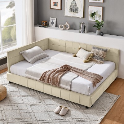 Lyngins Mid-Century Full Daybed Frame, Velvet Upholstered Sofa Bed Frame, Sturdy Eucalyptus Wood, Beds with Headboards, for Bedroom & Living Room