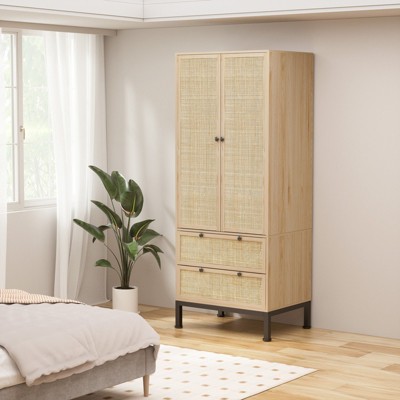 Brafabhome Modern Wood Armoire Wardrobe Closet with 2 Doors, Freestanding Wardrobe Clothes Cabinet with Drawers and Hanging Rod for Bedroom | White