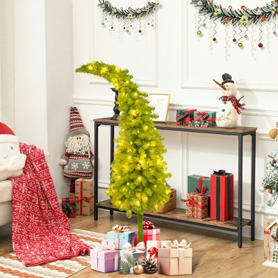 5FT Hinged Fir Artificial Fir Bent Top Christmas Tree, Xmas Tree Bendable Santa Hat Style Holiday Decoration,400 Lush Branch Tips,100 LED Lights X-mas