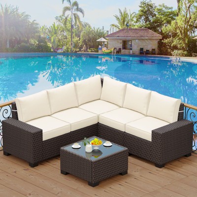 Acekool 6 Piece Patio Furniture Set, Brown Wicker Outdoor Sectional Sofa Couch with Cushions, All-Weather Rattan Conversation Set & Coffee Table