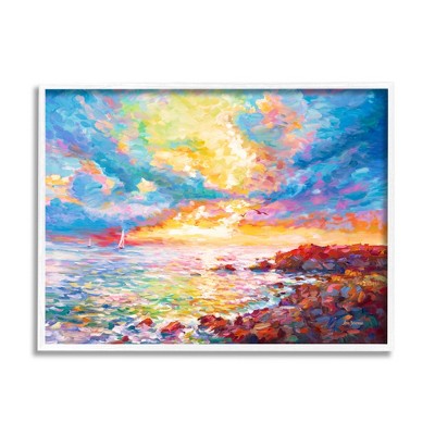 Stupell Industries Mediterranean Sunset Ocean Coast Black Framed Giclee Art
