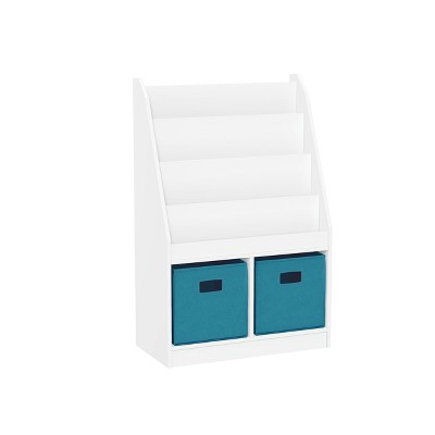 RiverRidge Kids' Bookshelf and Toy Storage Organizer with 4 Bookracks and 2 Cubbies White with 2 Fabric Bins