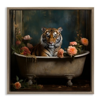 Stupell Industries Tiger in Floral Bathtub Black Framed Floater Canvas Wall Art