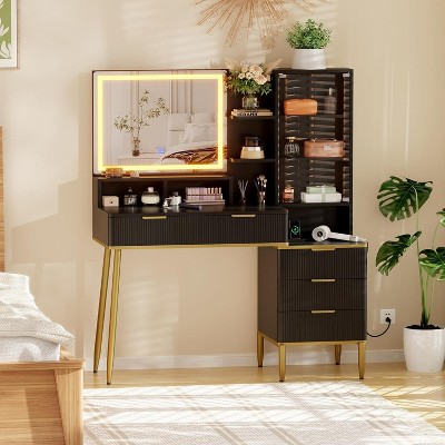 Modern Glass Top Elegant Fluted Vanity Desk With Acrylic Protective Door