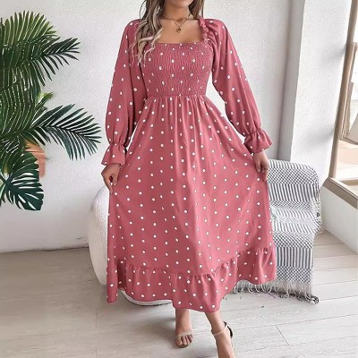 Coolmee Women's Fall Dresses Crew Neck Long Sleeve Dot Tiered Flowy A Line Casual Boho Party Maxi Dress