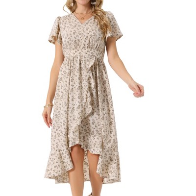INSPIRE CHIC Women's Summer Flutter Short Sleeve Wrap Ruffle High Low Hem V Neck Floral Midi Dress
