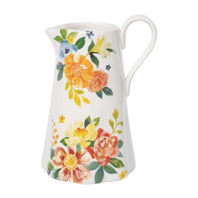 Transpac 10.25 in Ceramic Everyday Floral Pitcher Dolomite Beverage Server for Home and Garden Decor