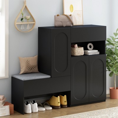YOOCOZZ 2-in-1 Shoe Cabinets with Soft Cushion,Arched Doors & Rebound Devices and Adjustable Shelves-Black